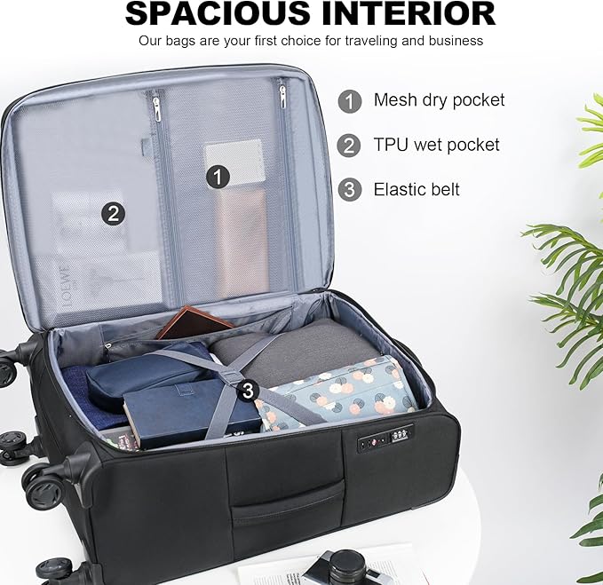 KROSER Softside Expandable checked Luggage with Front Business Pockets，24 Inch Suitcases with Spinner Wheels & Built-in TSA Lock, Durable Suitcase Rolling Luggage, Black