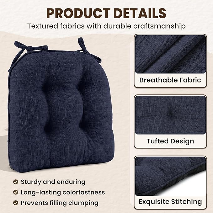 downluxe Indoor Chair Cushions for Dining Chairs, Tufted Overstuffed Textured Kitchen Chair Pads with Ties and Non-Slip Backing, 15.5" x 15.5" x 4", Navy, 6 Pack