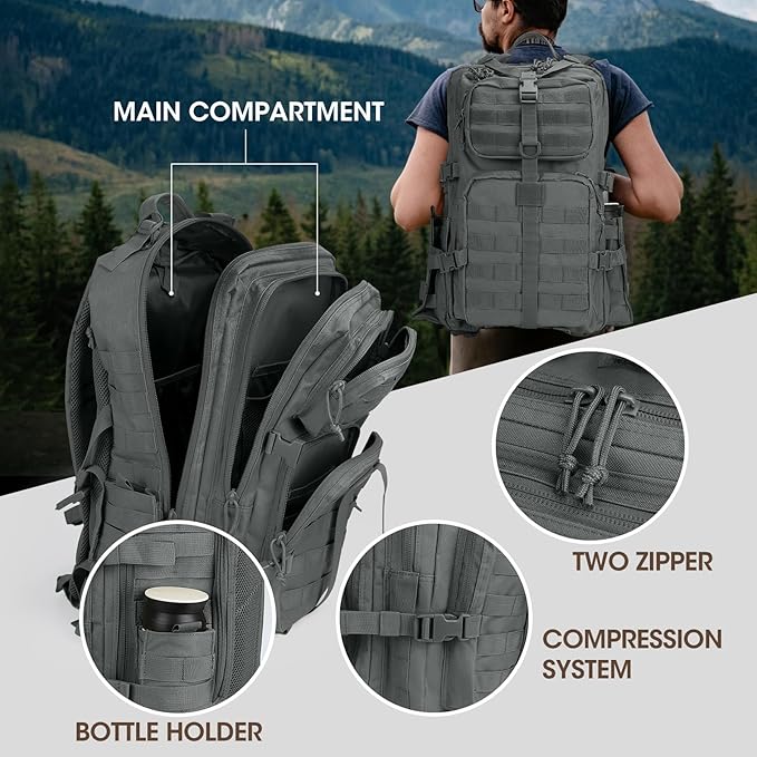 REEWBOW GEAR 40L Military Tactical Backpack For Men 3 Day Survival Heavy Duty Daypack MOLLE Bug Out Bag Hiking Rucksack (Grey with Bottle Holder)