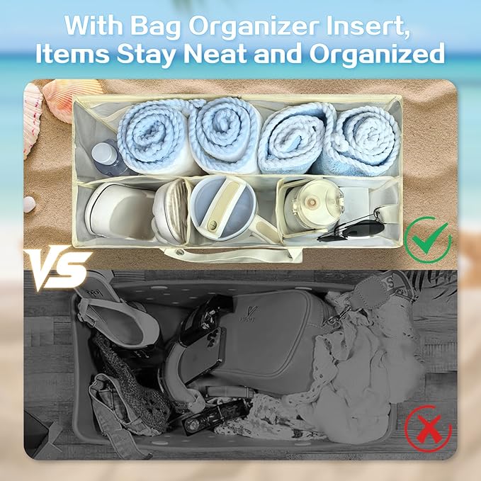 XYFuuee Beach Bag Organizer Inserts for Original Large Bogg Bag Accessories with 8 Removable Metal Fasteners, Lightweight Mesh Insert Divider Pouch, Organizing Rubber Tote, Save Space, Khaki XL