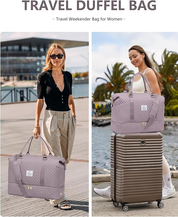Women Weekender Travel Duffle Bag: Travel Duffel Overnight Bags with Shoe Compartment Carry on Tote Bags Toiletry Bag Weekend Yoga Gym Hospital Bags for Labor and Delivery with Wet Pocket Purple Grey