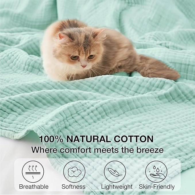 100% Cotton Muslin Blanket King 108" x 90", Breathable and Lightweight Cotton Throw Blanket for Bed, Soft Cooling Summer Gauze Blanket for Adults All Season, Mint