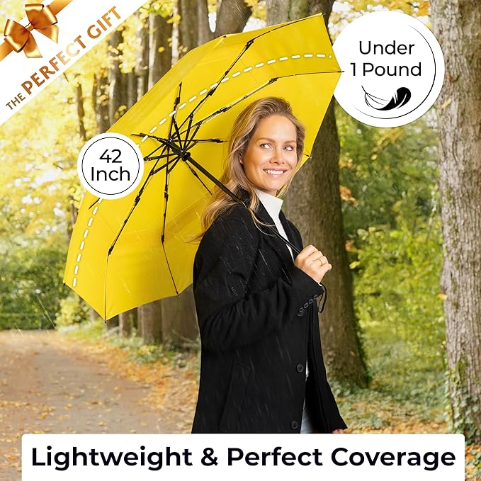 TUMELLA Strongest Windproof Travel Umbrella (Compact, Superior & Beautiful), Small, Wind-Tested, Light & Portable, Automatic Folding Rain Umbrella, Durable Premium Grip, Fits Car and Backpack