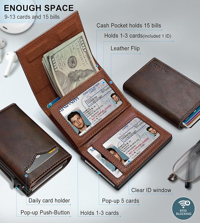 miyozi Wallet for Men,with Cash Pocket 2 ID Window 9-13 Cards,Metal Case Smart Slim Pop Up Credit Card Holder Flip with Magnetic Closure RFID Blocking Trifold wallet with Gift Box