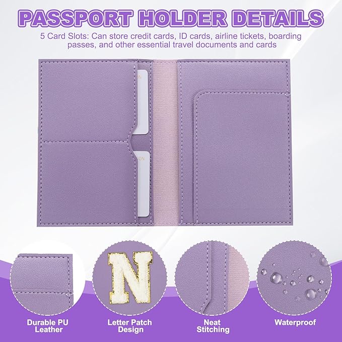 PATIKIL Passport Holder for Travel, Initial Passport Cover and Luggage Tag Set with Alphabet Chenille Letter Patch Travel Wallet Bag Suitcase Identifier for Women Family Travel Purple N