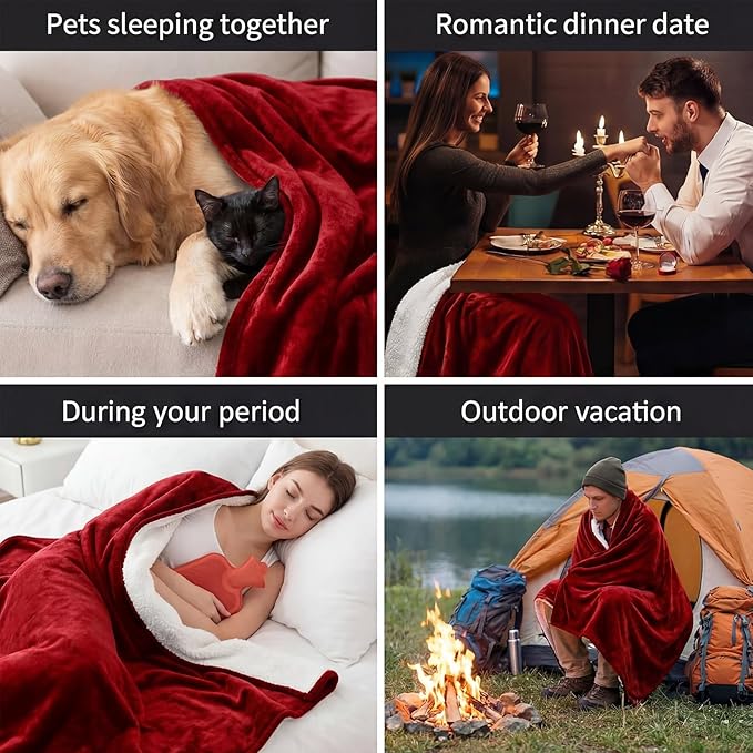 Tisancy Red Waterproof Bed Blanket, Twin Size 50'' x 80'' Double Side Leakproof Reversible Sherpa Flannel Fleece 3 Layer Lightweight Blanket, Absorbs 44oz