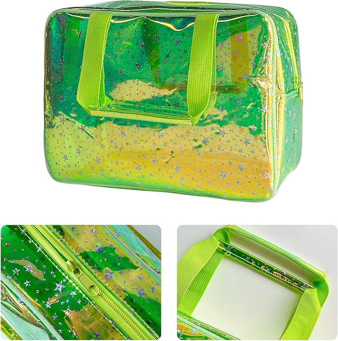 Holographic green Clear Star Large Cosmetic Bag and TPU Travel Pouch with Handle,Durable Material,Zipper Design-Ideal for Makeup,Travel Essentials (Holographic green+stars)