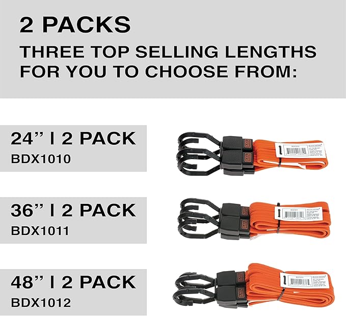 Black+Decker BDX1012 Black/Orange 48" Flat Bungee Cord Straps, 2 Pack