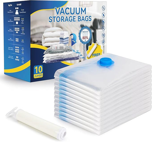 10 Jumbo Vacuum Seal Bags with Hand Pump, Vacuum Storage Bags, Space Saver Bags for Comforters, Blankets, Bedding, Pillows, Clothes