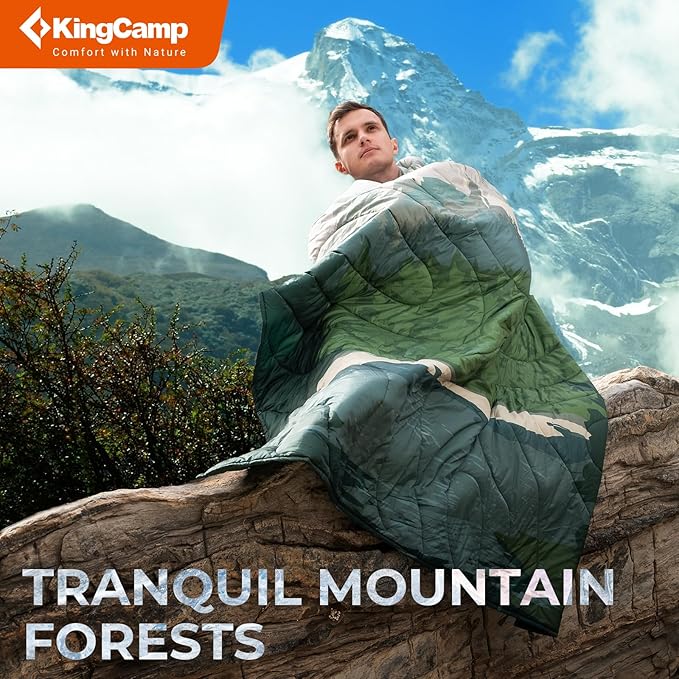KingCamp Ultralight Camping Blanket, Packable Down Alternative Puffy Printed Wearable Blanket with Snap Buttons & Corner Loops Weatherproof Quilt for Outdoor Travel Stadium (78.7"L x 57.1"W, GREEN)