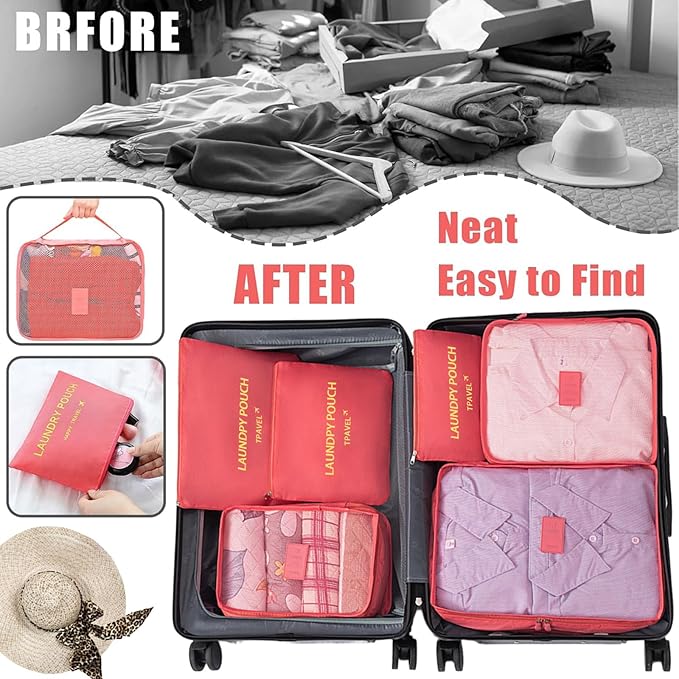 6 Set Packing Cubes for Travel Luggage Packing Bags Reusable Waterproof Suitcase Organizer Bags Set with Shoe Bag and Toiletry Bag (Watermelon Red‌)