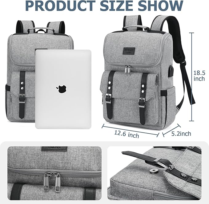 YALUNDISI Vintage Backpack Travel Laptop Backpack with usb Charging Port for Women & Men College Backpack Fits 15.6 Inch Laptop Grey Brown