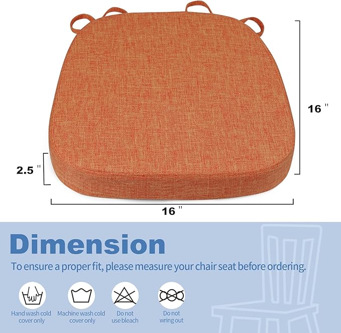 BUYUE Thickened 2.5" Dining Chair Cushions Set of 4, U-Shape High Density Foam Comfortable Chair Pads for Kitchen, Slip Resistant Indoor Seat Cushions (4 PCS, Orange)