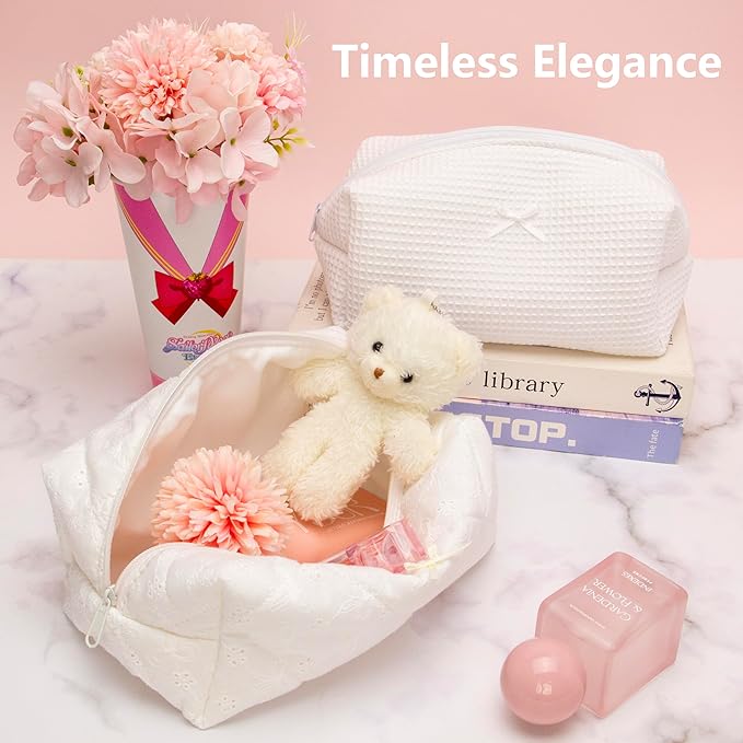 PAZIMIIK 6PCS Cozy Makeup Bag SET Travel Cosmetic Bag for Women Soft Toiletry Bag Aesthetic Makeup Organizer Portable Large Zipper Pouch for Skincare Beauty Accessories Brushes Embroidery White
