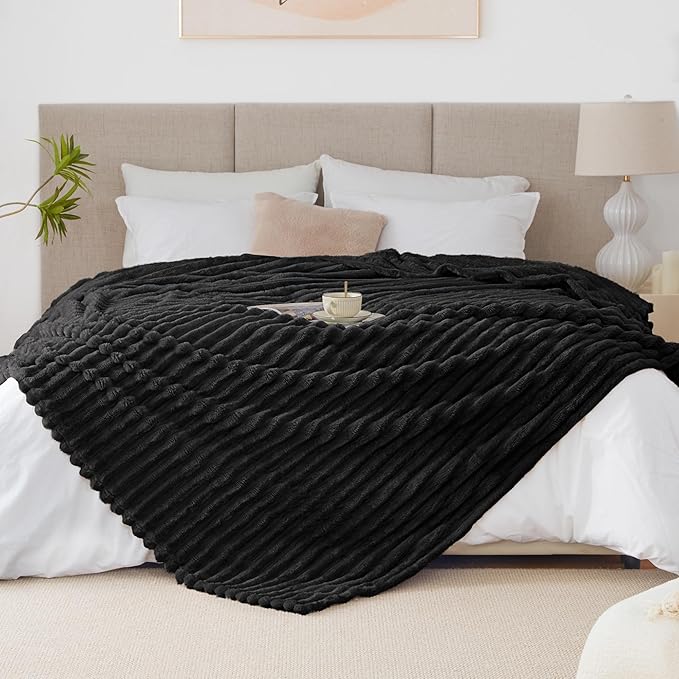 EXQ Home King Size Blanket for Bed or Couch - 3D Stripe Jacquard Decorative Fleece Blankets - Cozy Soft Lightweight Fuzzy Flannel Blanket Suitable for All Seasons(90"×108",Black)