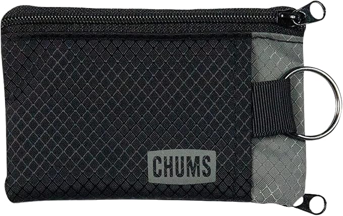 Chums Surfshorts Wallet - Lightweight Slim Wallet with RFID Blocking Card & Clear ID Window - Zippered, Water Resistant w/Key Ring (Black/Gray)
