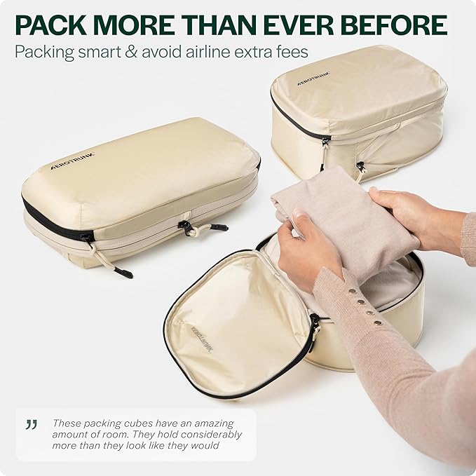 Aerotrunk Ultralight Compression Packing Cubes - Lightweight Travel Organizers for Suitcases and Luggage (3-Pack, Beige)