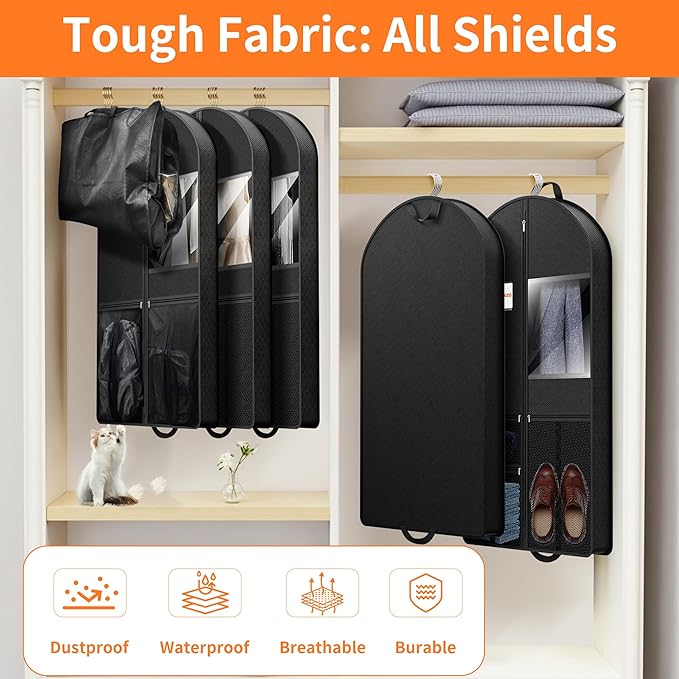 Suit Garment Clothes Travel Bag: 54 inch Lightweight Foldable Black Short Fabric Breathable - Hanging Storage Cover Pockets Zipper for Men - Wardrobe Carry Coat Jacket Uniform Tuxedo Shirt