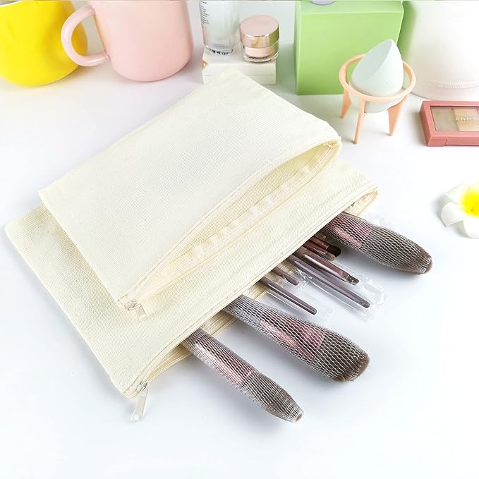 Koolmox Makeup Bags Bulk 20 Pcs, Beige Canvas Pouch with Zipper of 10 Colors, Blank Cotton Bags to Embroidery, Tie Dye, Decorate for Christmas Gifts, Travel Bags, Marker Pen Pencil Case, Purses