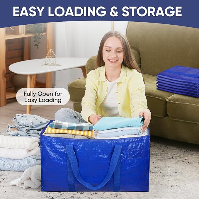 TICONN 6 Pack Extra Large Moving Bags Heavy Duty with Zippers & Carrying Handles, Durable Storage Bags Moving Boxes for Closet Organizers and Storage (6 Pack, Blue)