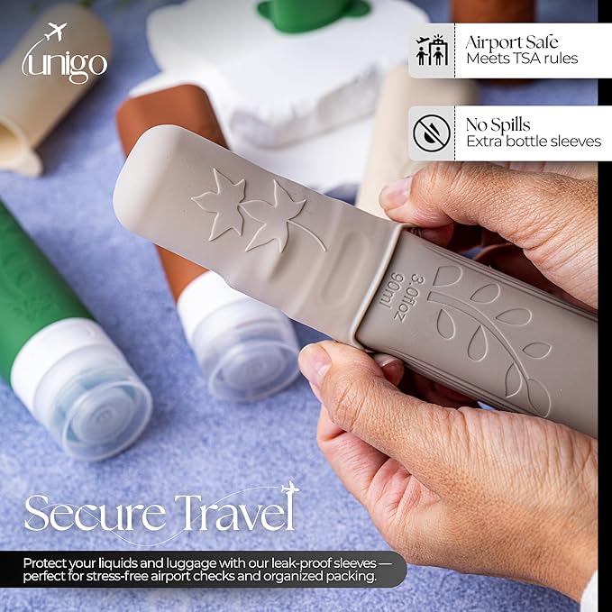 unigo Silicone Travel Bottles Set for Toiletries, Airplane Approved TSA Carry On Size, BPA Free Leakproof Refillable Squeeze Containers with Labels, Cleaning Brush and Covers (Multicolor C)