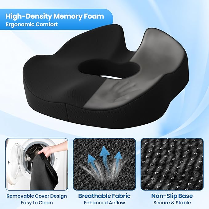 Large Donut Pillow Seat Cushion for Hemorrhoid Discomfort&Tailbone Pressure, Office Chair Cushion for Long Sitting, Ergonomic Coccyx Pillow for Postpartum Pregnancy, Lifting Cushions, Black