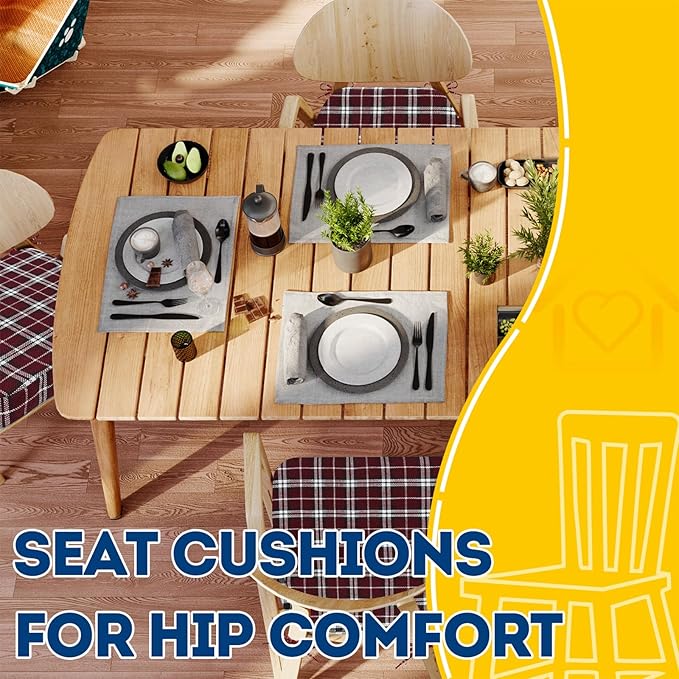 AAAAAcessories D-Shaped Chair Cushions, 2" Thick Dining Chair Pads with Ties and Removable, Machine-Washable Cover, 17" x 16", Red Checkered