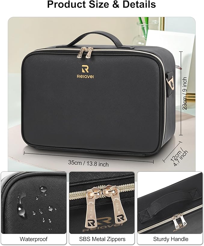 Relavel Makeup Train Case With LED Mirror, Professional Travel Cosmetic Bag with Removable Partitions, Compact Makeup Organizer with Shoulder Strap, Waterproof Travel Case for Women, Black