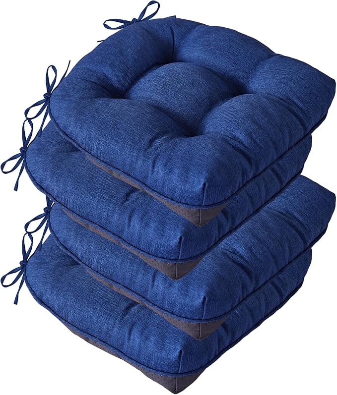 Chair Cushions for Dining Chairs, Seat Cushions for Kitchen Chairs, Indoor Seat Cushions with Ties, Tufted Foam Chair Pads, Non Slip Chair Cushions Set of 4, 15.5" x 15.5" x 4", Navy Blue