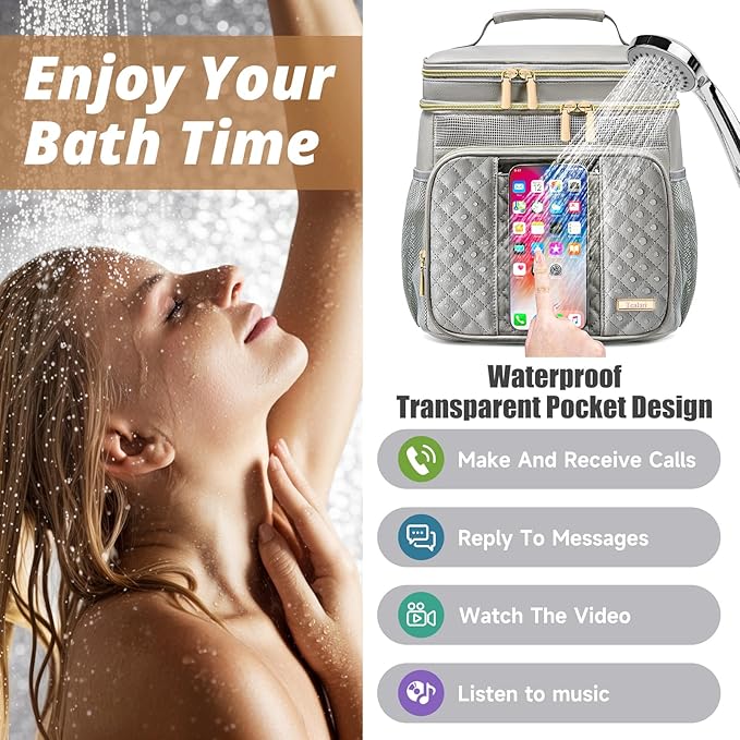 Large Leather Toiletry Bag for Women Men,Bathroom Bag,Water Resistant Shower Bag,Makeup Bag,Portable Shower Caddy for College Dorm,Hanging Travel Toiletry Bag with Transparent Waterproof Phone Pocket