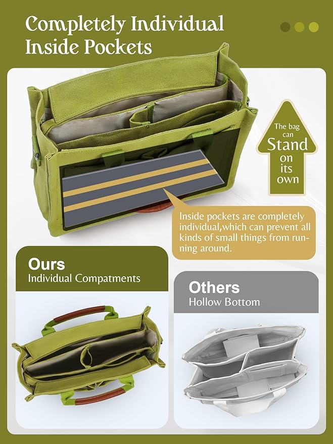FIORETTO Canvas Tote Bag for Women with Zipper Closure & Individual Compartments for Work College for Teacher & Nurse