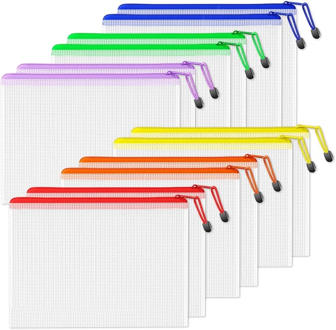 SUNEE Plastic Mesh Zipper Pouch 11x15 in (6 Colors, 12 Packs),Extra Large Water-Resistant Zip Bag for School Office Supplies, Puzzles & Games Organizing Storage