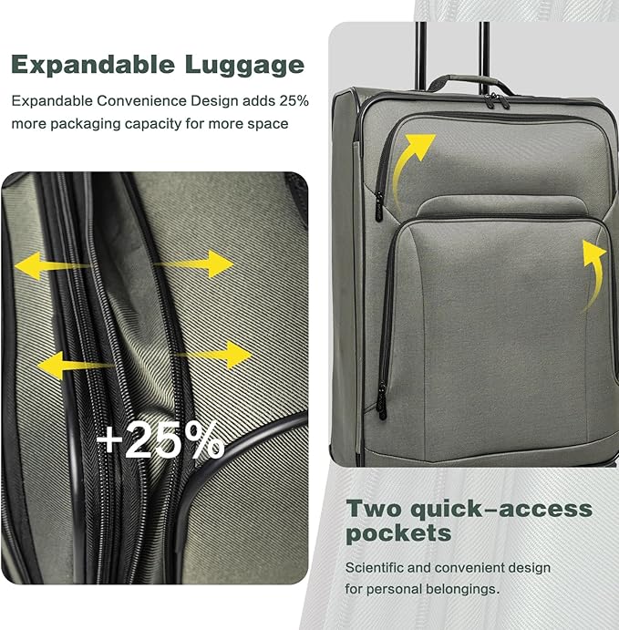 Lispin SoftshellLuggage Expandable 5 Piece Set Suitcase with Duffel Bag Softside Lightweight Luggage Travel Set (Dark Green)