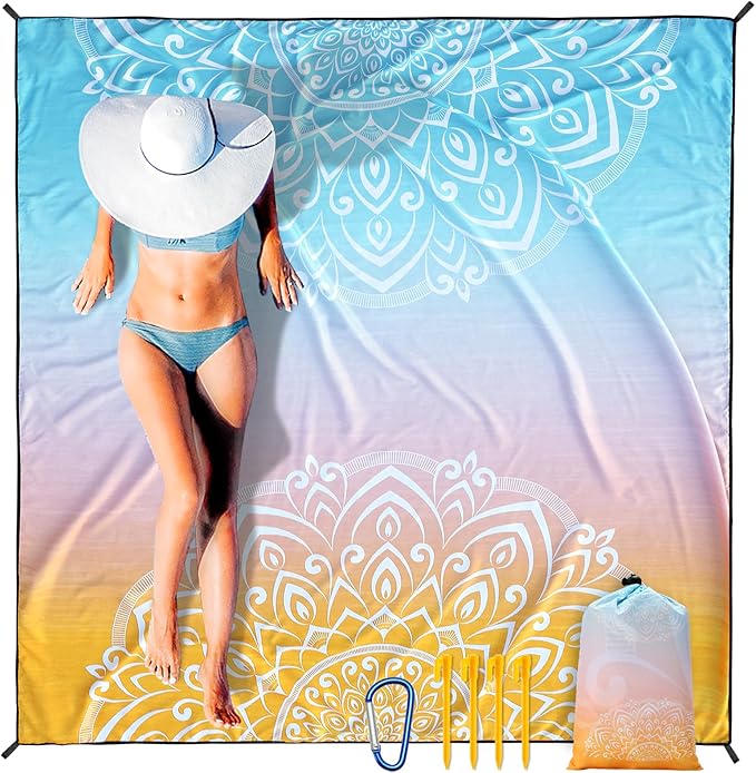 Beach Blanket Sandproof Extra Large Beach Mat Adults Waterproof Quick Drying Sand Free Mat Made by Premium Polyester with 4 Stakes & 4 Corner Pockets for Outdoor Travel Camping Hiking