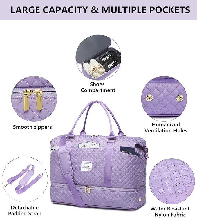 Weekender Bags for Women Duffle Bag - Travel Duffel Bag with Shoe Compartmen Carry on Overnight Bag Gym Duffel Bag with Wet Pocket Hospital Bags for Labor and Delivery Purple