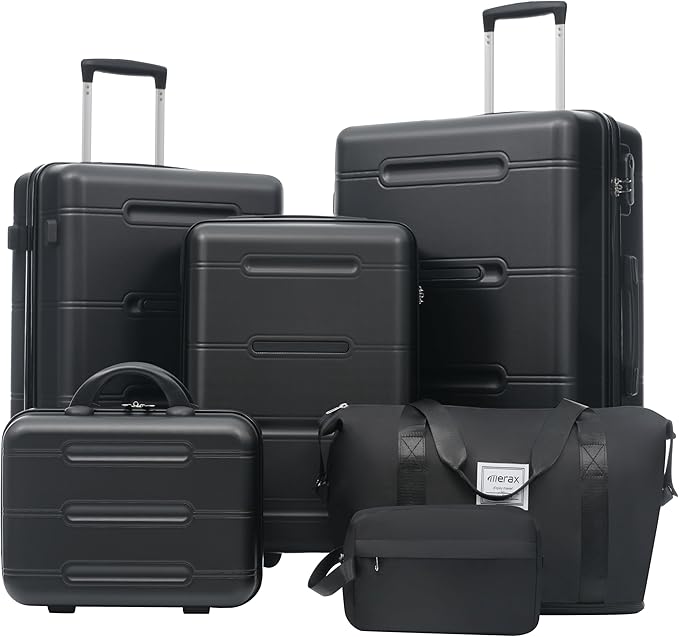 Merax Luggage Set 6 Piece,Lightweight Hardshell Suitcase with Double Spinner Wheels Handle Password Lock,14 IN Cosmetic Case 20/24/28 IN Luggages with Duffel Bag and Toiletry Bag,Black