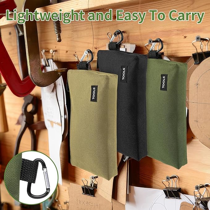 3 Pack Premium Tool Pouches Zipper Bag, Small Tools Bags with Carabiner, Heavy Duty Flat Bottom Utility Multipurpose Storage Organizer Bag for Tool, Stationary, Pencil