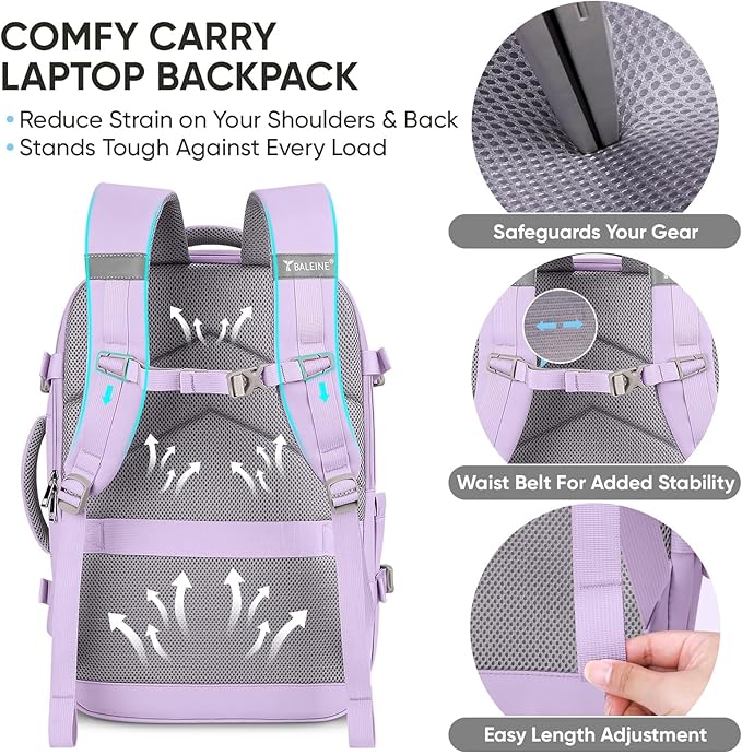 BALEINE Travel Backpack for Women Men, Large Sturdy Carry On Laptop Backpack Gifts for Business, Casual, Weekender, Hiking (Large, Lavender)