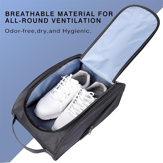 Golf Shoe Bag, Zipper Sports Shoe Strap Bag with Side Accessory Pocket for Storing Golf Accessories, Padded Golf Shoe Carry Bags with Clasped Strap Handle (Black)