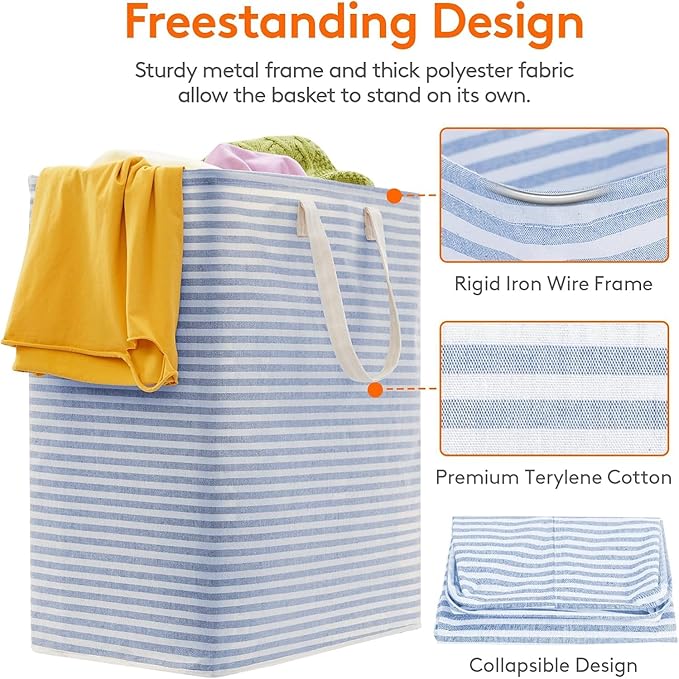 Lifewit 1 Pack Laundry Basket 100L Each, Collapsible Clothes Hamper with Reinforced Handles, Freestanding Waterproof Design for Bedroom and Laundry Room, Blue 100L Total