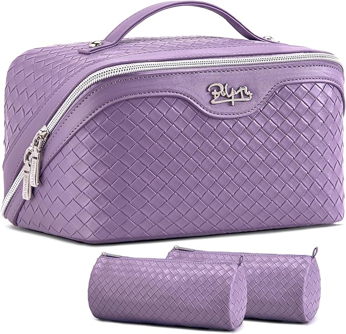 BOYATU Travel Makeup Bag Cosmetic Bags for Women: Large Capacity 3 Pcs Set Make up Bag with Compartments - Waterproof Vegan Leather Toiletry Organizer Bags with Handle (L01 Purple)