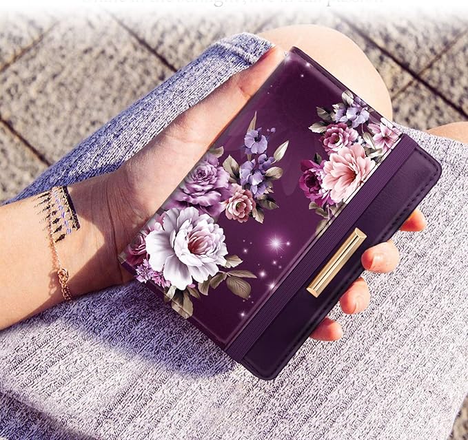 Passport Holder,RFID Blocking Passport Cover Cute Floral Traveling Passport Wallet for Women Purple Flowers.