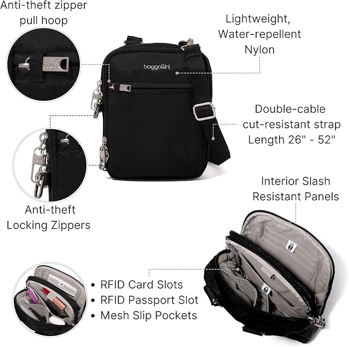 Baggallini Securtex® Anti-theft Mini Everything Crossbody Bag, 6.3"x8.25" Rfid, Locking Zippers & Cut-resistant Strap