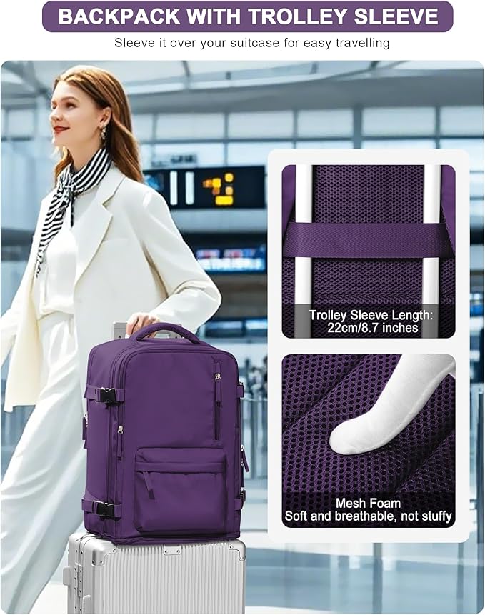 VGCUB Carry on Travel Backpack for Women Men Large Laptop Gym Work Frontier Airlines Personal Item Bag Business Airport Lightweight Backpack Flight Approved Mochilas de Viaje, Dark Purple