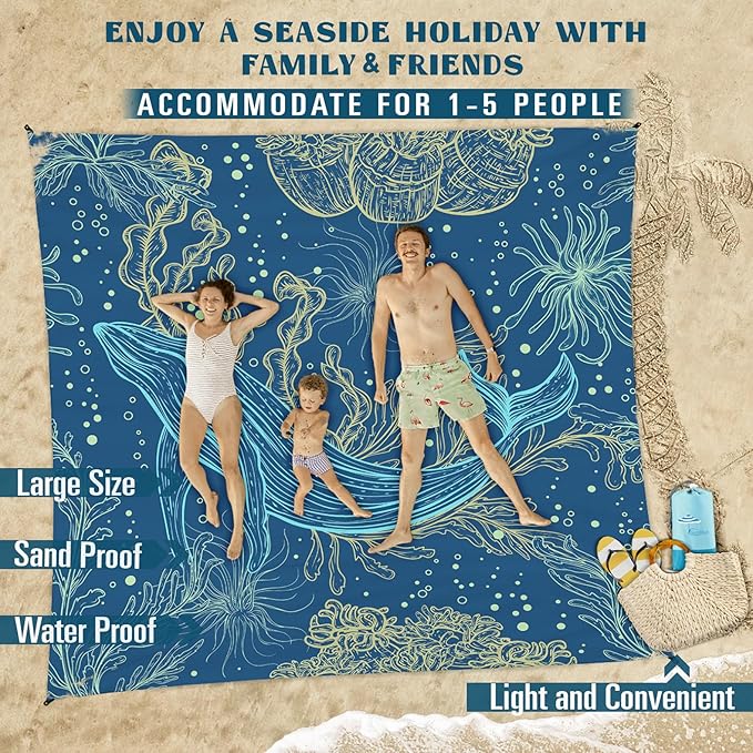 Famstar Beach Blanket Sandproof Waterproof 78''×81''1-5 Adults Oversized,Compact Lightweight Durable Beach Mat for Travel Camping Hiking Picnic Blanket