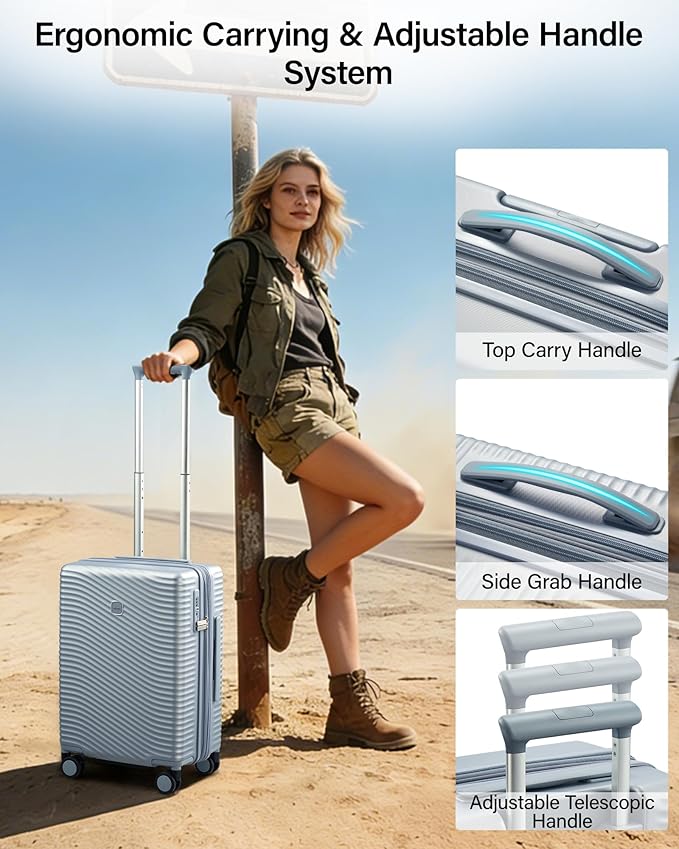MILADA Expandable Carry On Luggage 20 Inch - Airline Approved Hardshell Suitcase with 8 Spinner Wheels, TSA Lock, Water-Resistant PC Shell, Lightweight & Durable for Travel, Arctic Silver