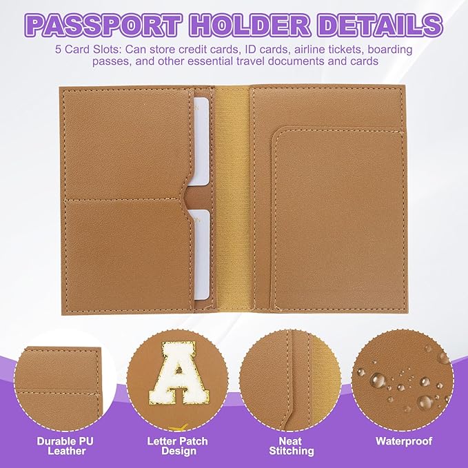 PATIKIL Passport Holder for Travel, Initial Passport Cover and Luggage Tag Set with Alphabet Chenille Letter Patch Travel Wallet Bag Suitcase Identifier for Women Family Travel Brown A