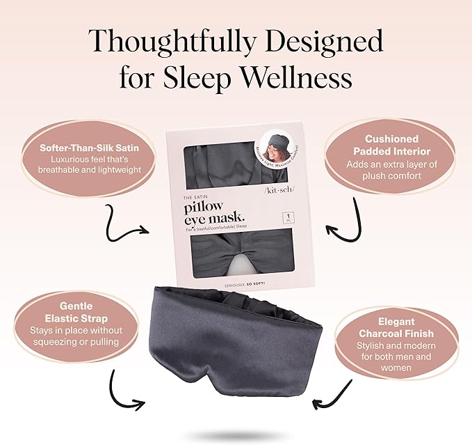 Kitsch Satin Sleep Mask - Eye Masks for Sleep, Softer Than Silk Satin Sleeping Mask Blindfold and Sleep Masks for Women and Men, Eye Care Travel Essentials - Charcoal Black