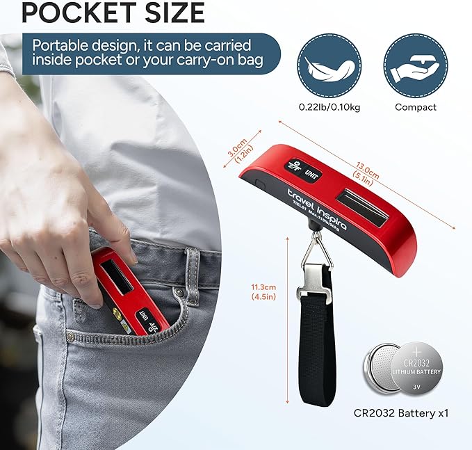 travel inspira Luggage Scale, Portable Digital Hanging Baggage Scale for Travel, Suitcase Weight Scale with Rubber Paint, 110 Pounds, Battery Included