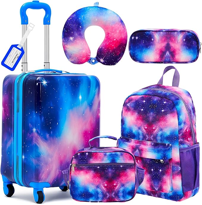 Redbaker 17 Inch 6 Pcs Kids Luggage Set Kids Rolling Luggage Double Pattern Suitcase for Boys Girls (Blue Purple, Starry Sky Style)